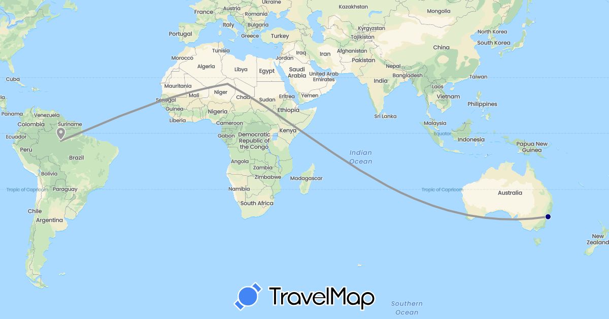 TravelMap itinerary: driving, plane in Australia, Brazil, Niger (Africa, Oceania, South America)